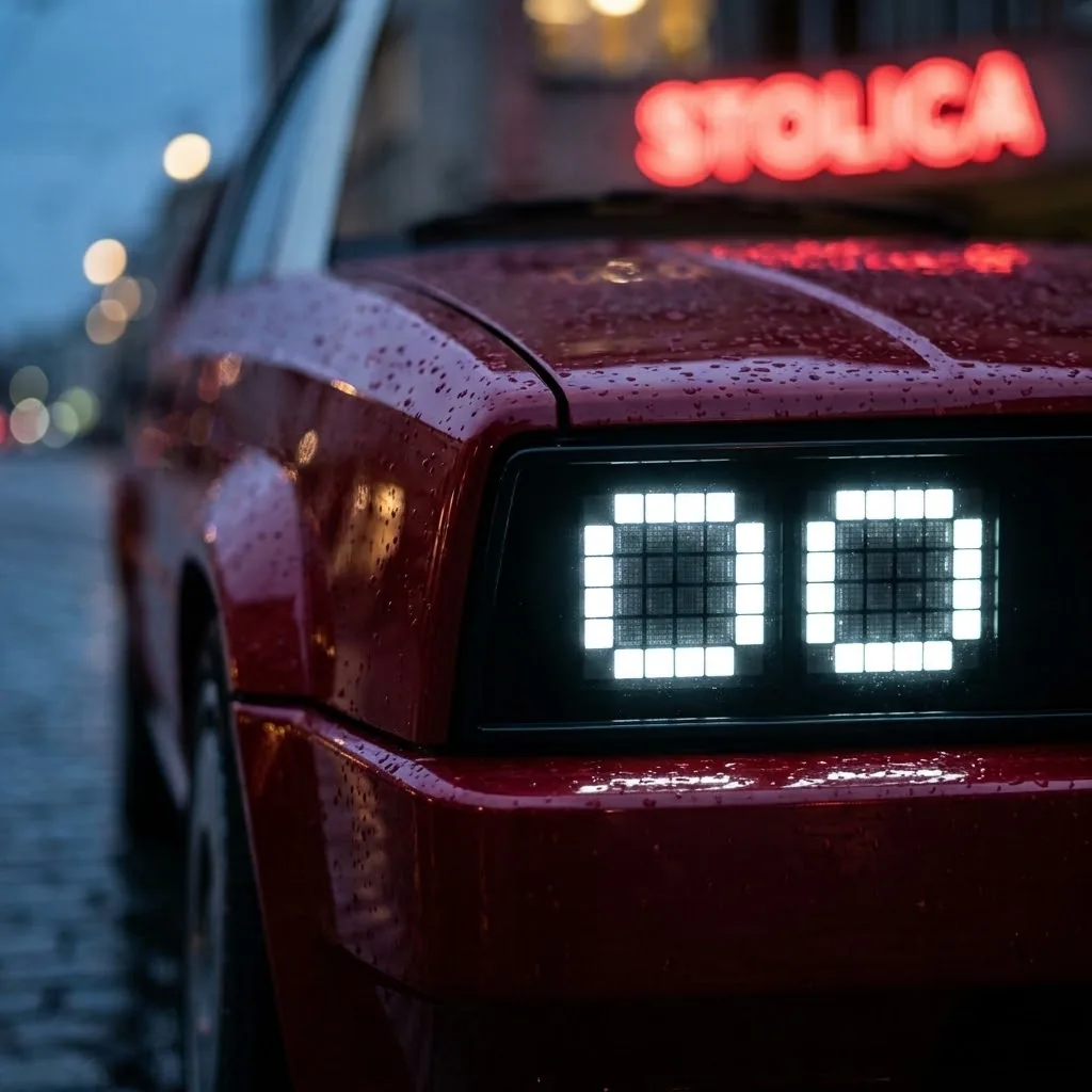 Close-up of square pixel-LED headlights on a red RDM