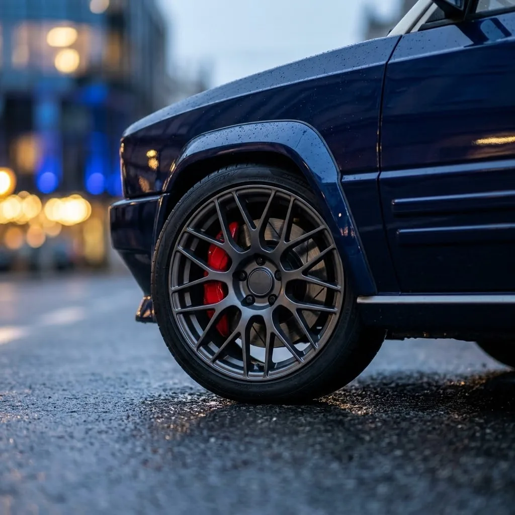 Dark 18-inch wheel with red brake caliper on a navy RDM 1683