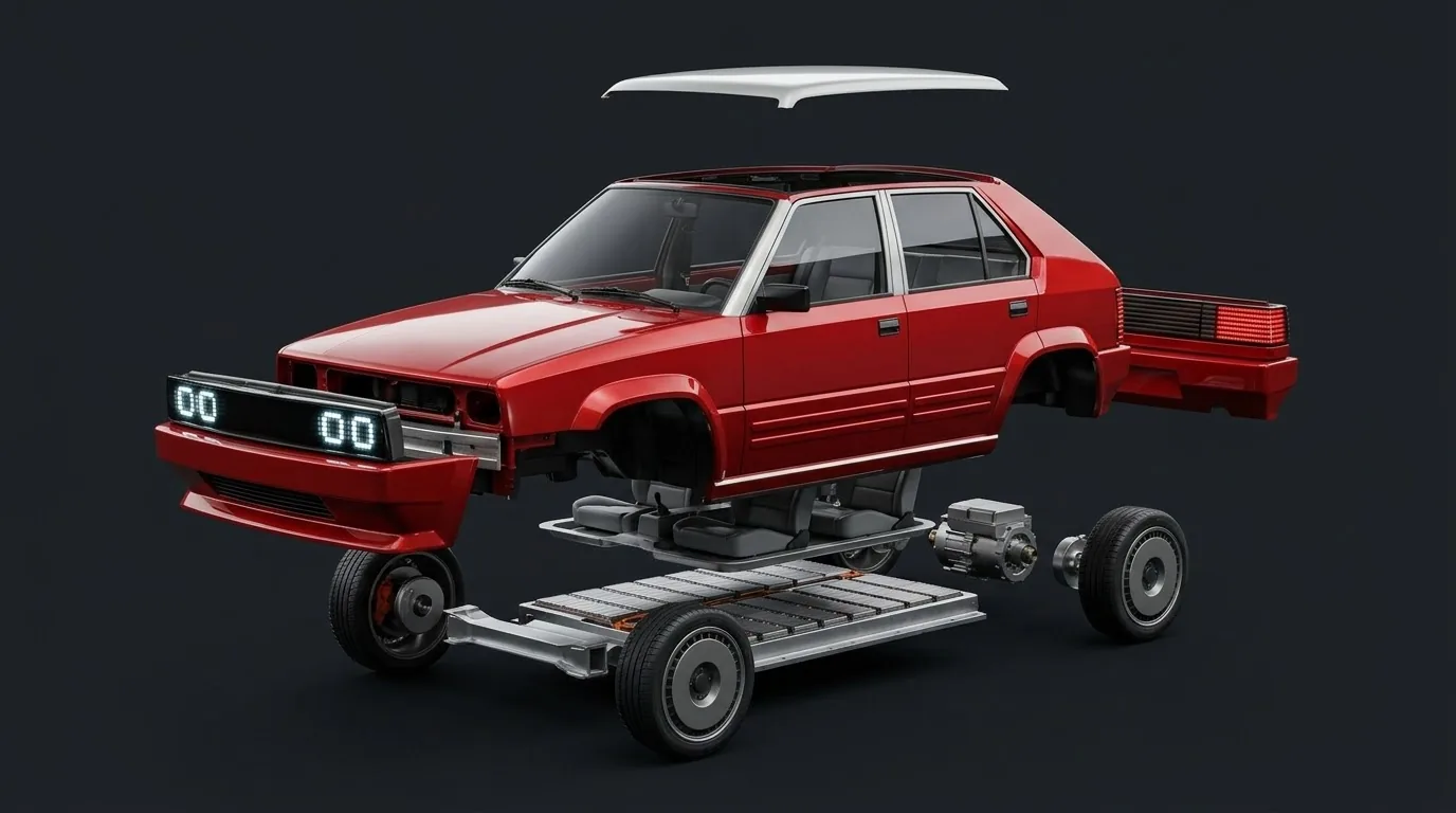 Exploded view of an RDM 1989: body, roof, front and rear fascias, seat tray, battery floor, motor and wheels pulled apart
