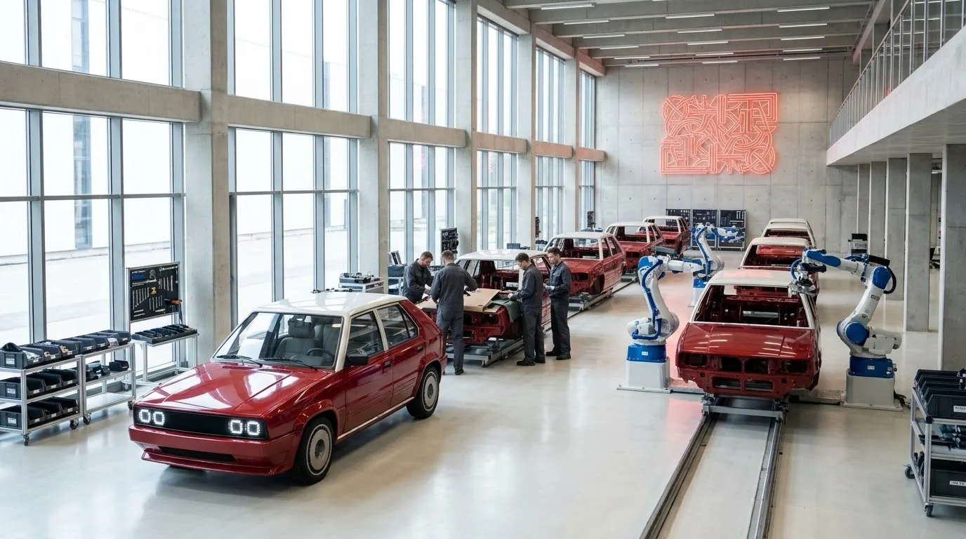 RDM assembly hall in Radom with red car bodies, robots and workers