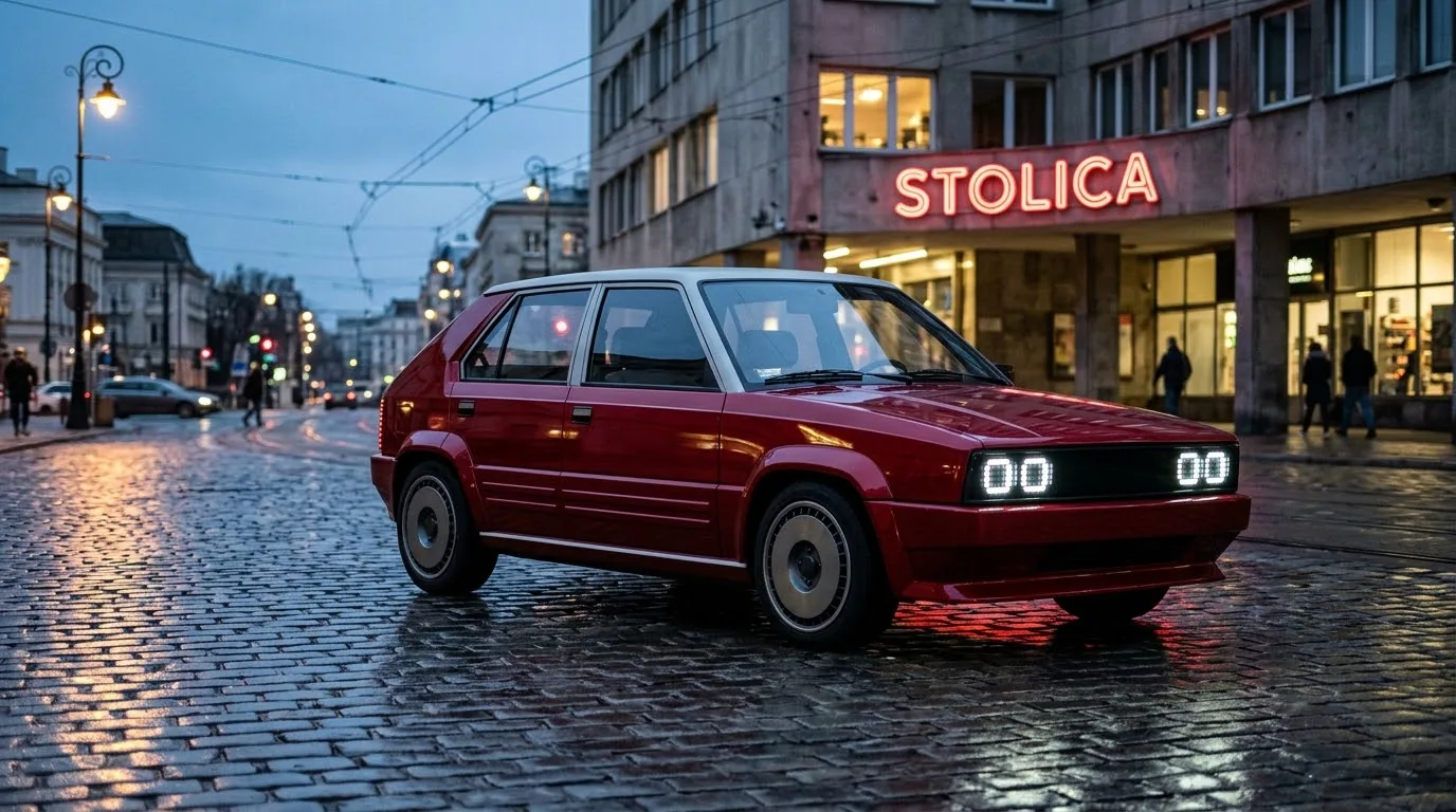 A crimson RDM 1989 on wet cobblestones in Warsaw at dusk