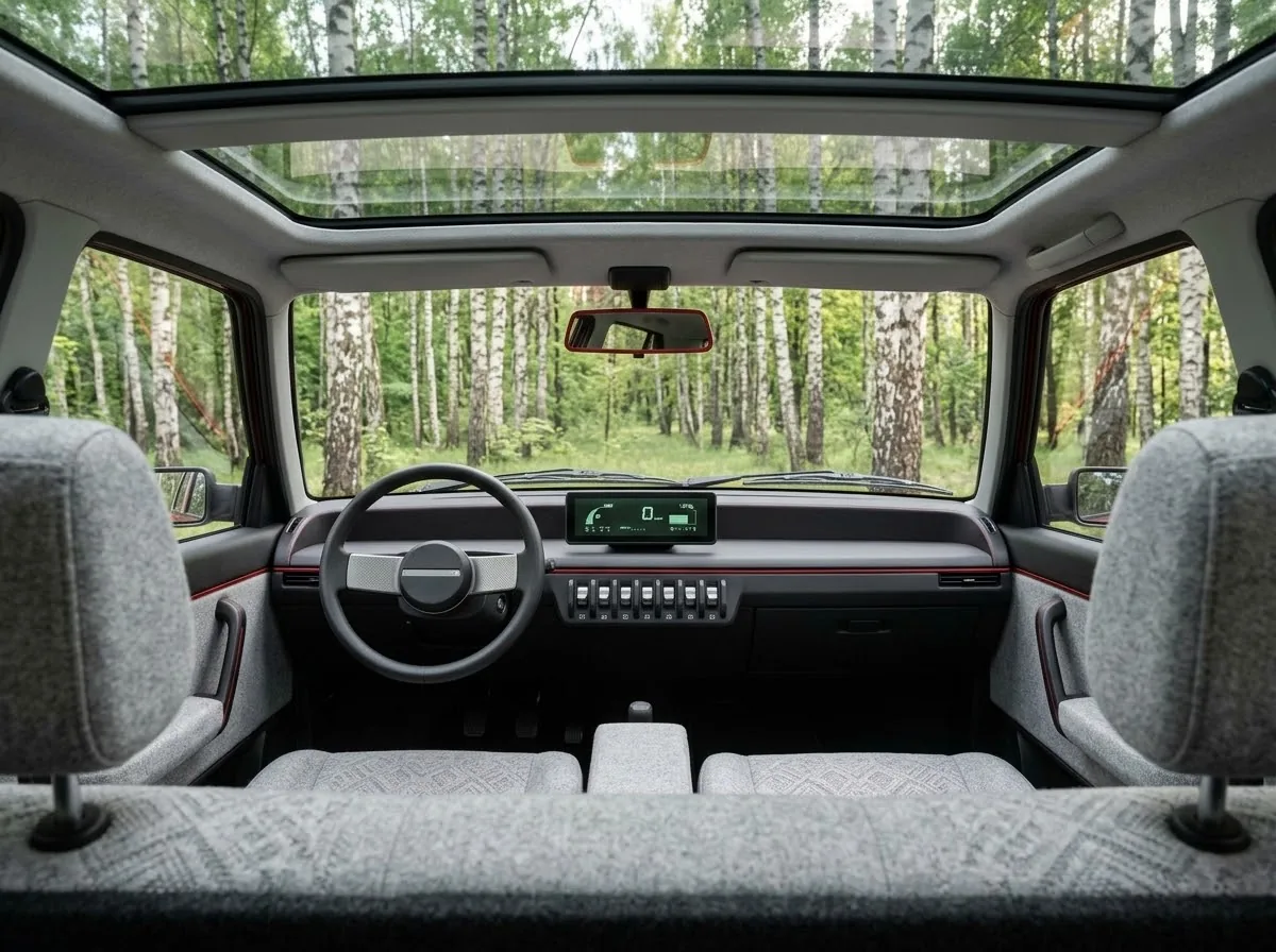 RDM interior with grey wool seats, a two-spoke wheel, toggle switches and a panoramic roof