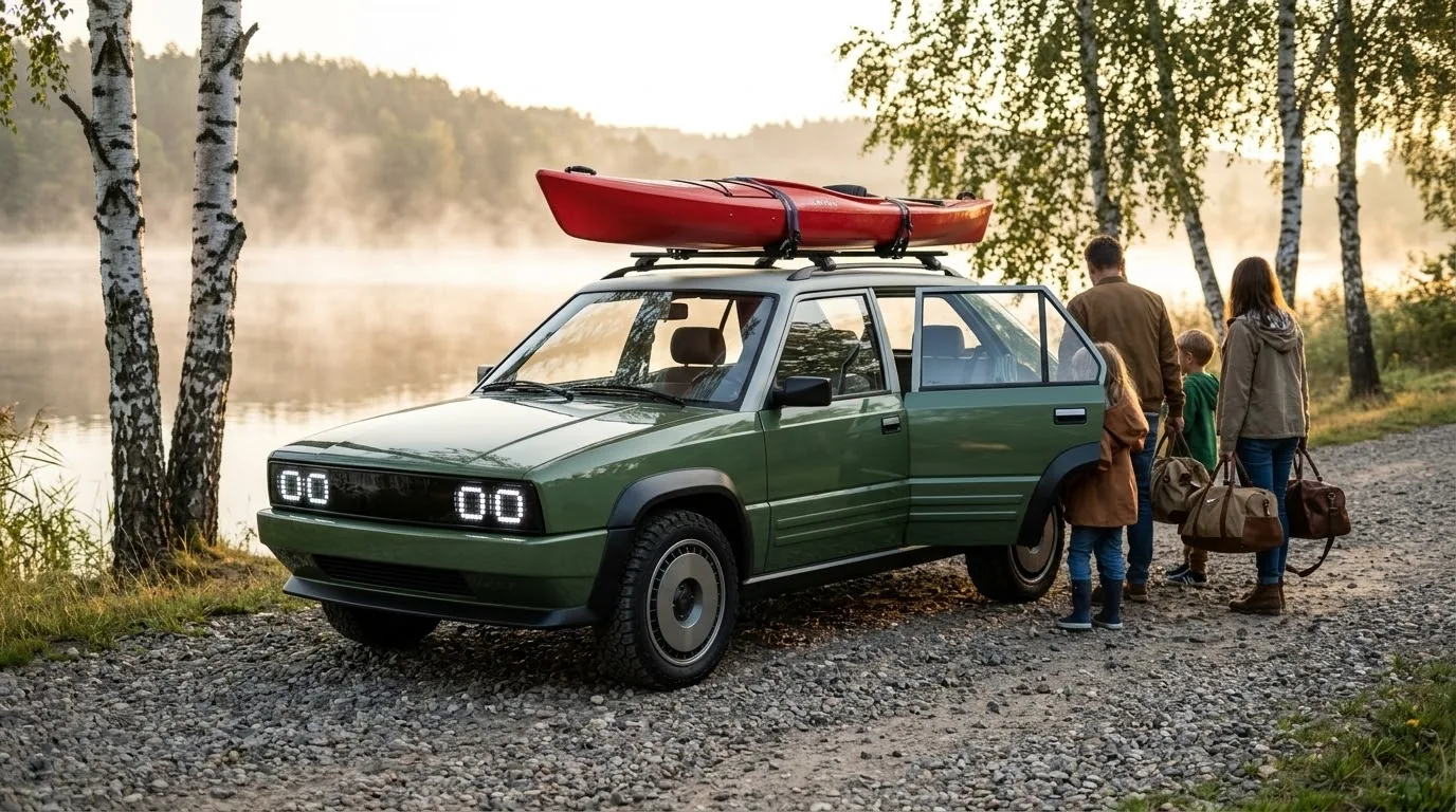 A moss-green RDM 966 with a red kayak on its roof by a misty lake in Masuria
