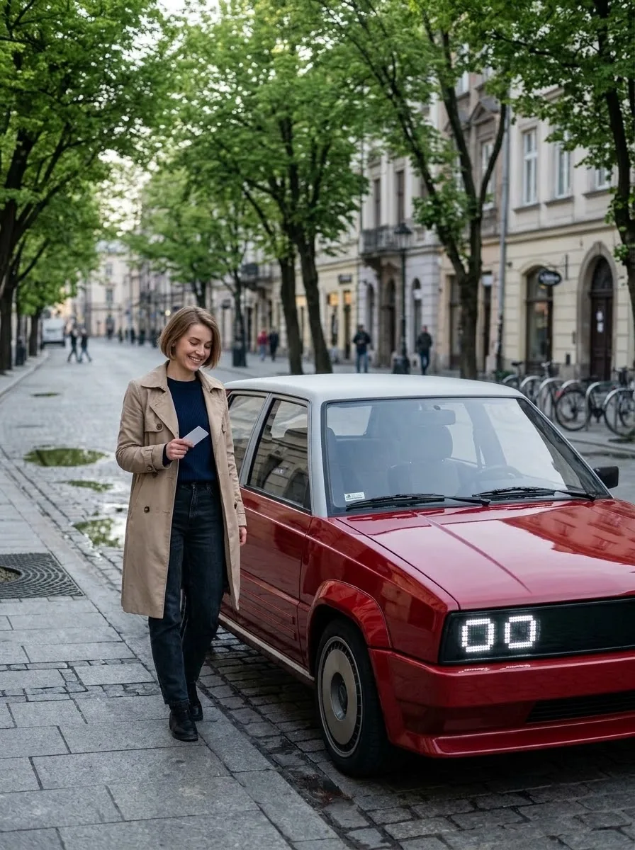 A smiling woman with a key card next to a red RDM 1989 on a street in Kraków