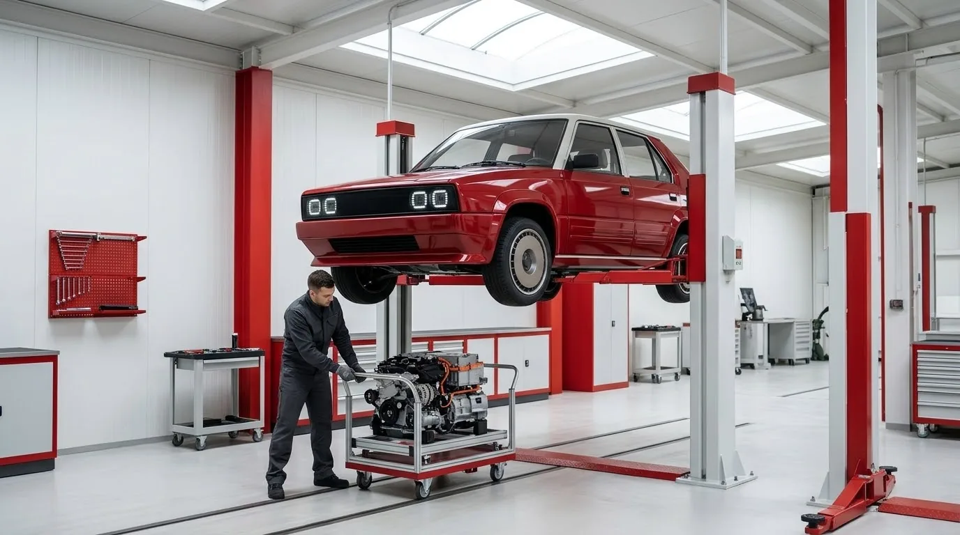 A technician rolls a powertrain module out from under a red RDM on a lift
